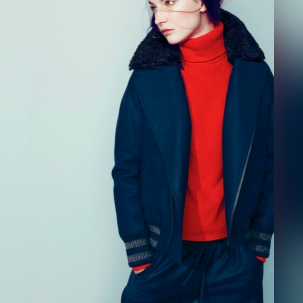 J. Crew Collection Shearling Melton Italian Wool Navy Blue Bomber Jacket